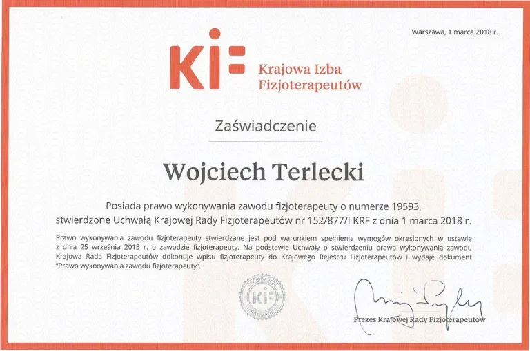 Zaświadczenie Krajowej Izby Fizjoterapeutów - Wojciech Terlecki, prawo wykonywania zawodu nr 19593